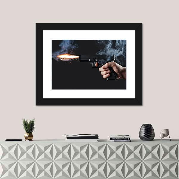 Shot From A Handgun With Fire And Smoke Canvas Wall Art-5 Horizontal-Gallery Wrap-22" x 12"-Tiaracle