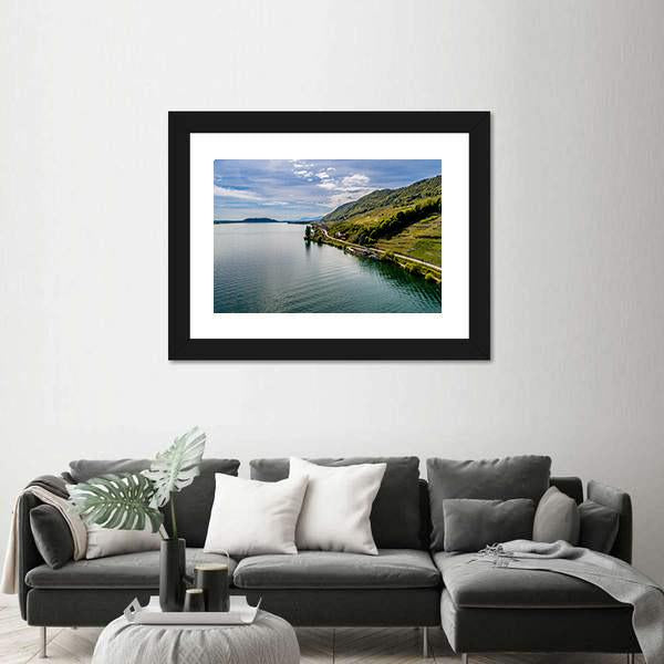 Shot Of Lake With Steep Coast Canvas Wall Art-3 Horizontal-Gallery Wrap-25" x 16"-Tiaracle