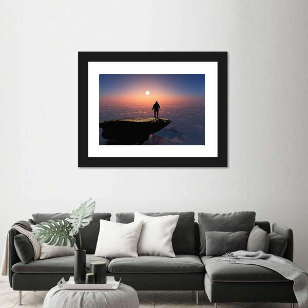 Silhouette Of A Man On A Rock Canvas Wall Art-1 Piece-Framed Print-30" x 20"-Tiaracle