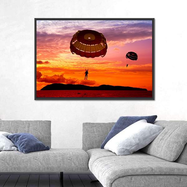 Silhouette Of A Para-Sailors At Sunset Canvas Wall Art-5 Horizontal-Gallery Wrap-22" x 12"-Tiaracle
