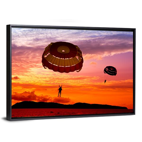 Silhouette Of A Para-Sailors At Sunset Canvas Wall Art-5 Horizontal-Gallery Wrap-22" x 12"-Tiaracle