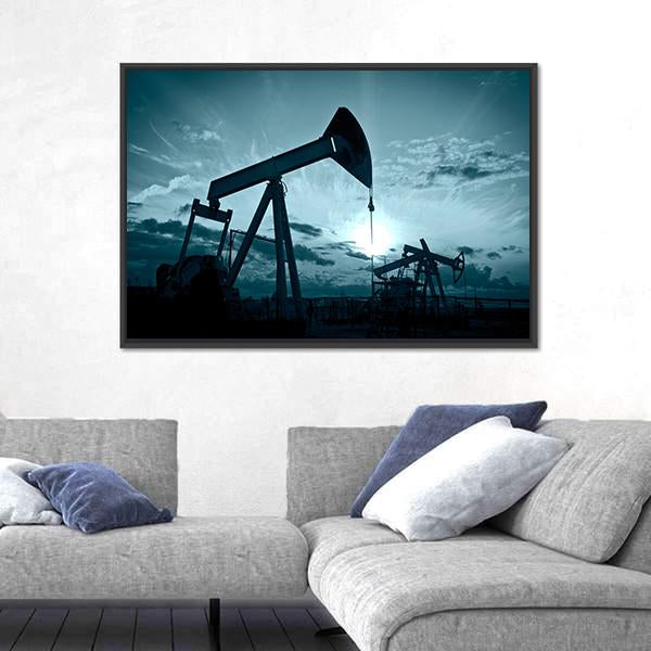Silhouette Of Oil Pumps On A Sunset Canvas Wall Art-5 Horizontal-Gallery Wrap-22" x 12"-Tiaracle