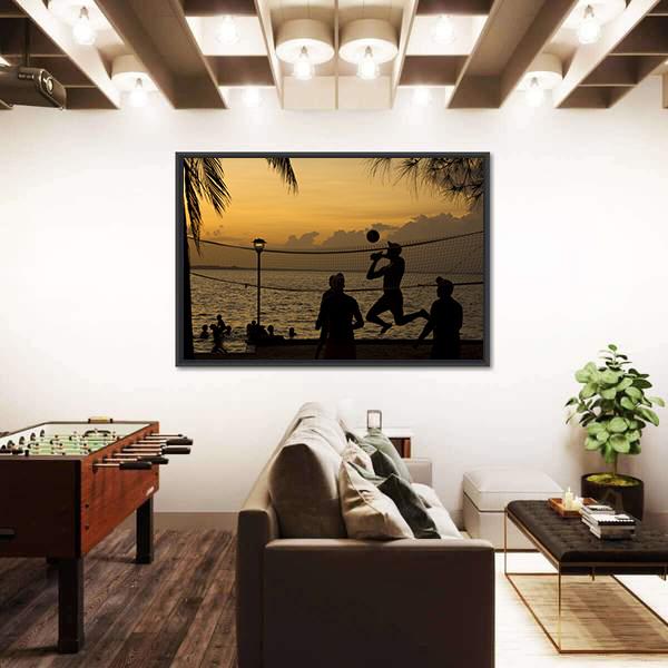 Silhouette Of People Playing Beach Volleyball At Sunset Canvas Wall Art-5 Horizontal-Gallery Wrap-22" x 12"-Tiaracle
