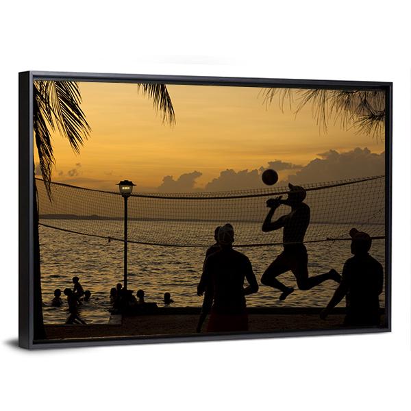 Silhouette Of People Playing Beach Volleyball At Sunset Canvas Wall Art-5 Horizontal-Gallery Wrap-22" x 12"-Tiaracle