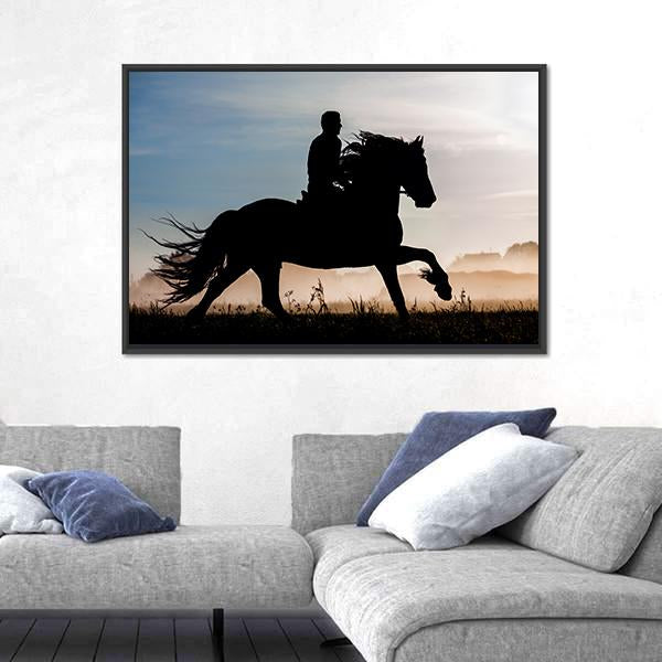 Silhouette Of Rider And Horse In Sunset Background Canvas Wall Art-3 Horizontal-Gallery Wrap-25" x 16"-Tiaracle