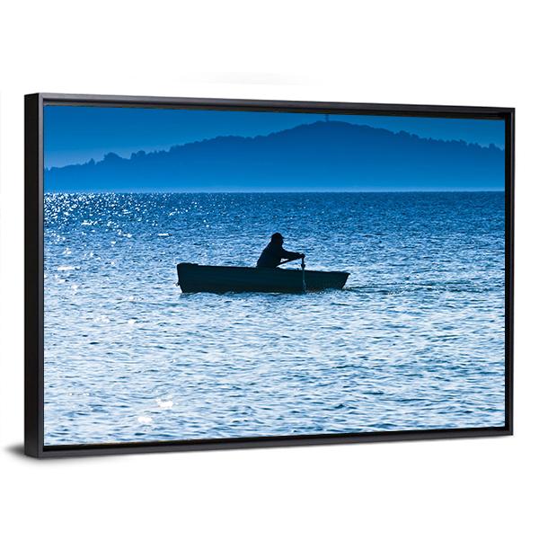 Silhouette Of The Fisherman In Lake Canvas Wall Art-3 Horizontal-Gallery Wrap-25" x 16"-Tiaracle