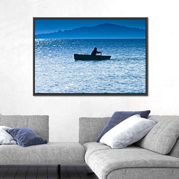 Silhouette Of The Fisherman In Lake Canvas Wall Art-3 Horizontal-Gallery Wrap-25" x 16"-Tiaracle