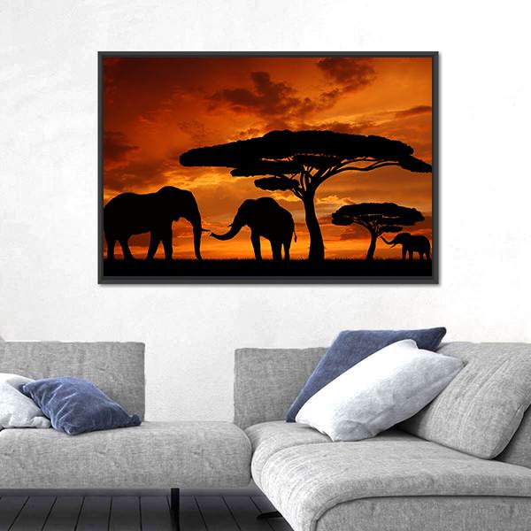 Silhouette Of Two Elephants In The Sunset Canvas Wall Art-1 Piece-Floating Frame-24" x 16"-Tiaracle