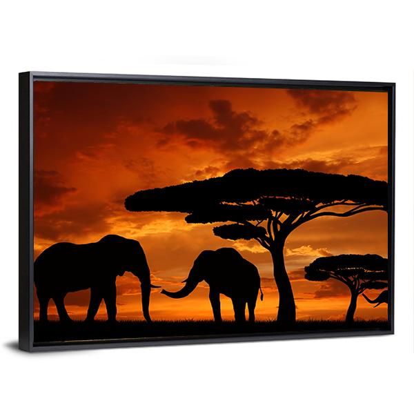 Silhouette Of Two Elephants In The Sunset Canvas Wall Art-3 Horizontal-Gallery Wrap-25" x 16"-Tiaracle