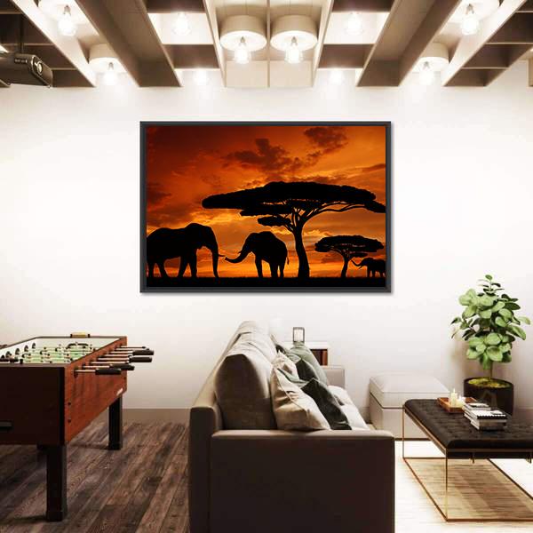 Silhouette Of Two Elephants In The Sunset Canvas Wall Art-3 Horizontal-Gallery Wrap-25" x 16"-Tiaracle