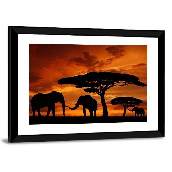 Silhouette Of Two Elephants In The Sunset Canvas Wall Art-Tiaracle