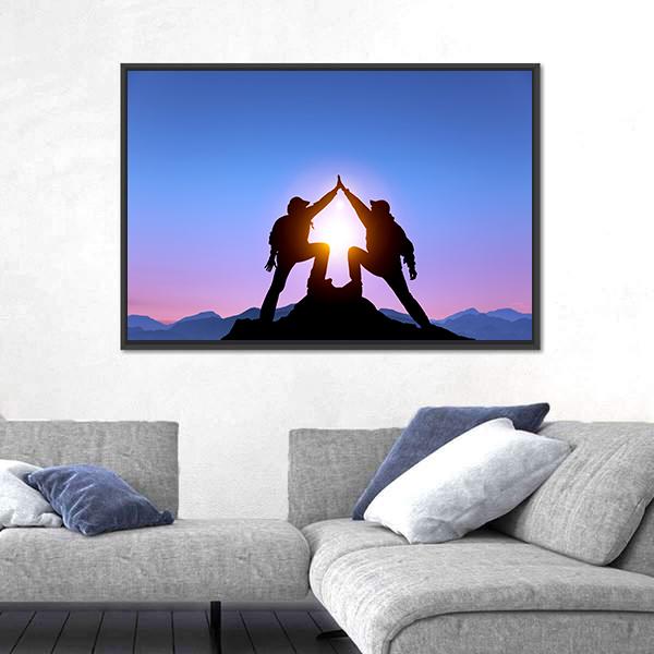 Silhouette Of Two Man With Success Canvas Wall Art-5 Horizontal-Gallery Wrap-22" x 12"-Tiaracle