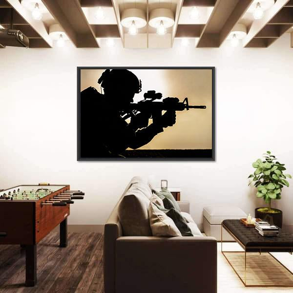 Silhouette Of Young Soldier In Military Helmet Against The Sun Canvas Wall Art-1 Piece-Floating Frame-24" x 16"-Tiaracle