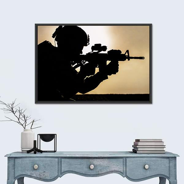 Silhouette Of Young Soldier In Military Helmet Against The Sun Canvas Wall Art-5 Horizontal-Gallery Wrap-22" x 12"-Tiaracle