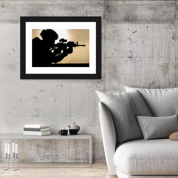 Silhouette Of Young Soldier In Military Helmet Against The Sun Canvas Wall Art-5 Horizontal-Gallery Wrap-22" x 12"-Tiaracle
