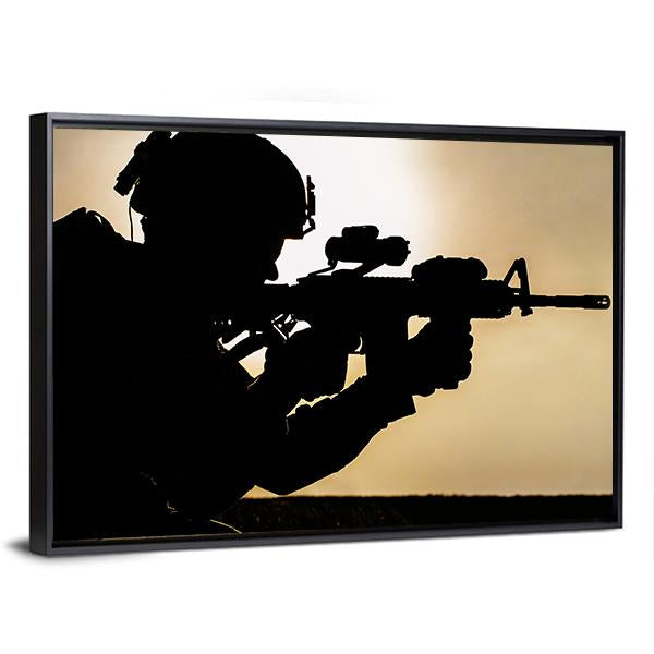 Silhouette Of Young Soldier In Military Helmet Against The Sun Canvas Wall Art-5 Horizontal-Gallery Wrap-22" x 12"-Tiaracle