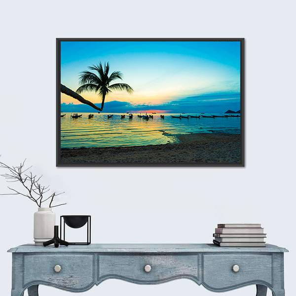 Silhouette Sunset On Thailand Sea Beach Canvas Wall Art-5 Horizontal-Gallery Wrap-22" x 12"-Tiaracle
