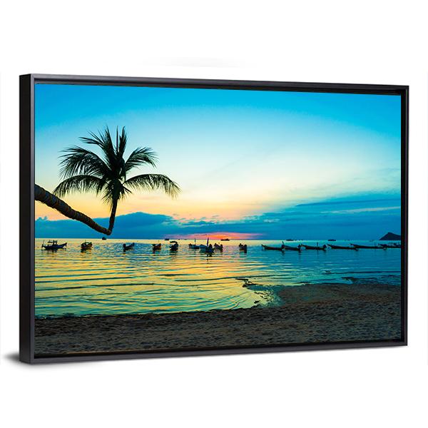 Silhouette Sunset On Thailand Sea Beach Canvas Wall Art-5 Horizontal-Gallery Wrap-22" x 12"-Tiaracle