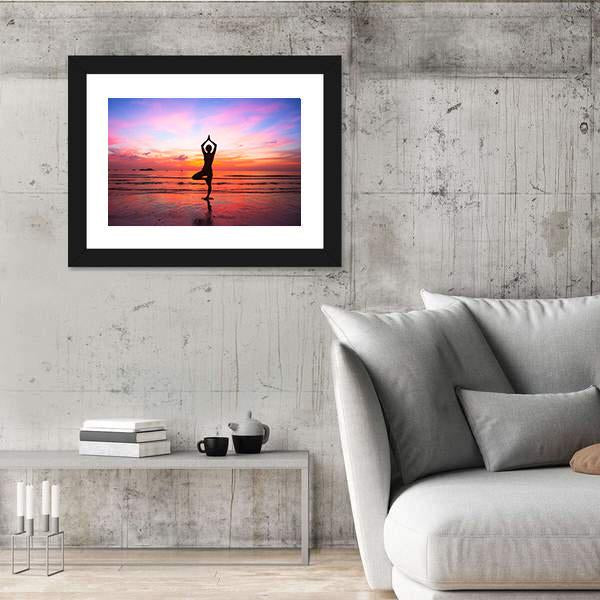 Silhouette Woman Yoga practice At The Seaside At Sunset Canvas Wall Art-5 Horizontal-Gallery Wrap-22" x 12"-Tiaracle