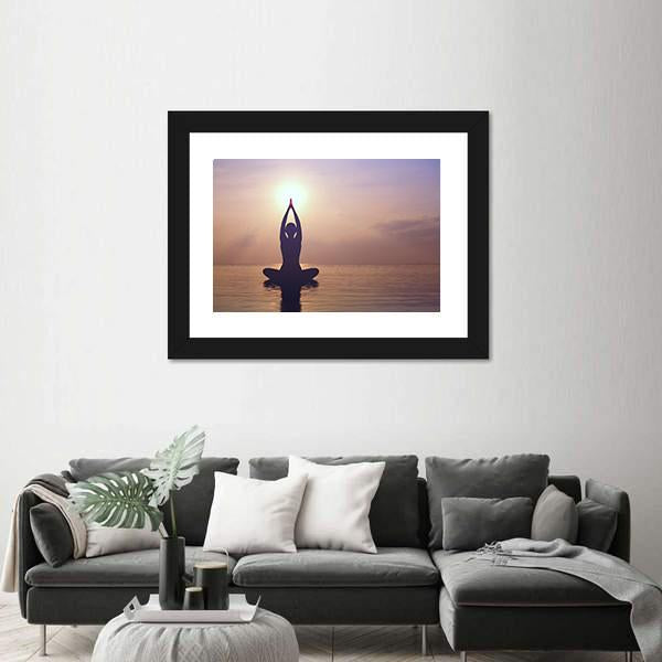 Silhouette Young Woman Practicing Yoga On The Beach At Sunset Canvas Wall Art-5 Horizontal-Gallery Wrap-22" x 12"-Tiaracle