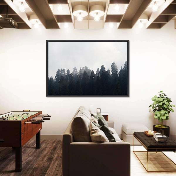 Silhouette of Redwood Forest In Mist Canvas Wall Art-5 Horizontal-Gallery Wrap-22" x 12"-Tiaracle