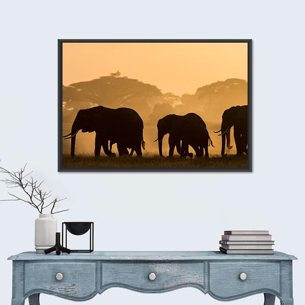 Silhouettes Of Elephants Canvas Wall Art-1 Piece-Floating Frame-24" x 16"-Tiaracle