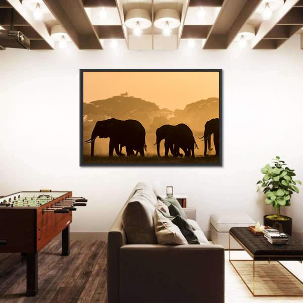 Silhouettes Of Elephants Canvas Wall Art-5 Horizontal-Gallery Wrap-22" x 12"-Tiaracle