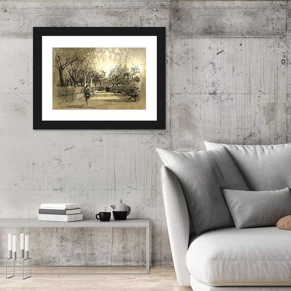 Sketch Of City Park Walkway Canvas Wall Art-3 Horizontal-Gallery Wrap-25" x 16"-Tiaracle