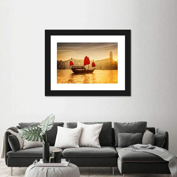 Skyline Of Hong Kong With Cruise Sailboat Canvas Wall Art-1 Piece-Framed Print-30" x 20"-Tiaracle