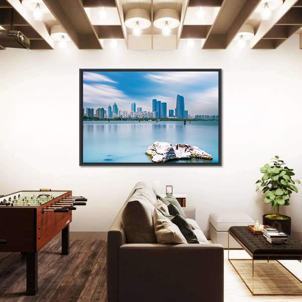 Skyline Of Suzhou Jinji Lake Canvas Wall Art-1 Piece-Floating Frame-24" x 16"-Tiaracle