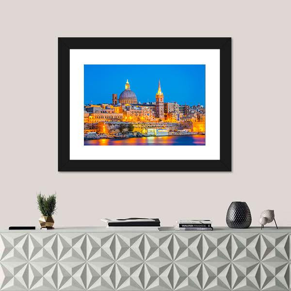 Skyline Of Valleta During Night In Malta Canvas Wall Art-1 Piece-Framed Print-20" x 16"-Tiaracle
