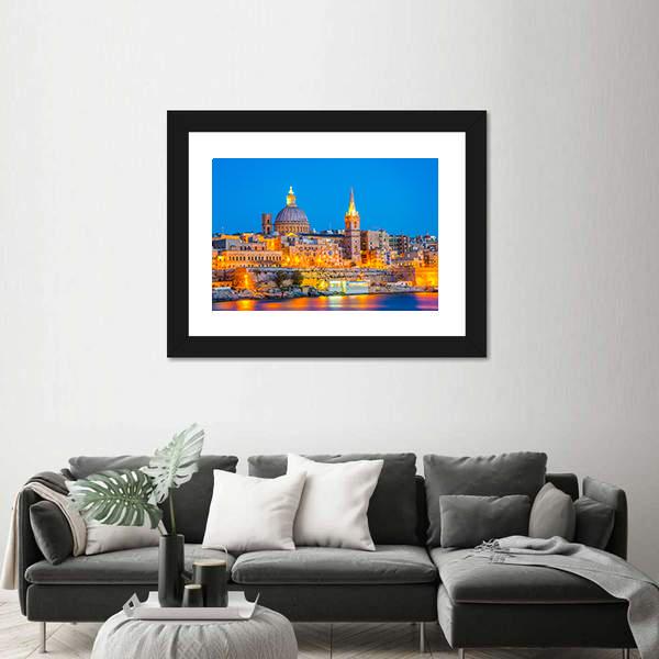 Skyline Of Valleta During Night In Malta Canvas Wall Art-3 Horizontal-Gallery Wrap-25" x 16"-Tiaracle