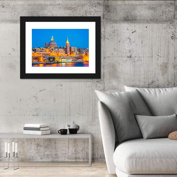 Skyline Of Valleta During Night In Malta Canvas Wall Art-3 Horizontal-Gallery Wrap-25" x 16"-Tiaracle