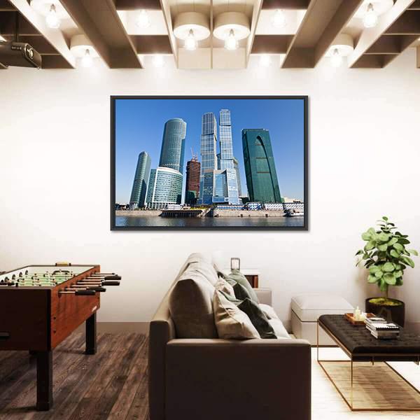 Skyscrapers Of Moscow City Under Blue Sky Canvas Wall Art-1 Piece-Floating Frame-24" x 16"-Tiaracle