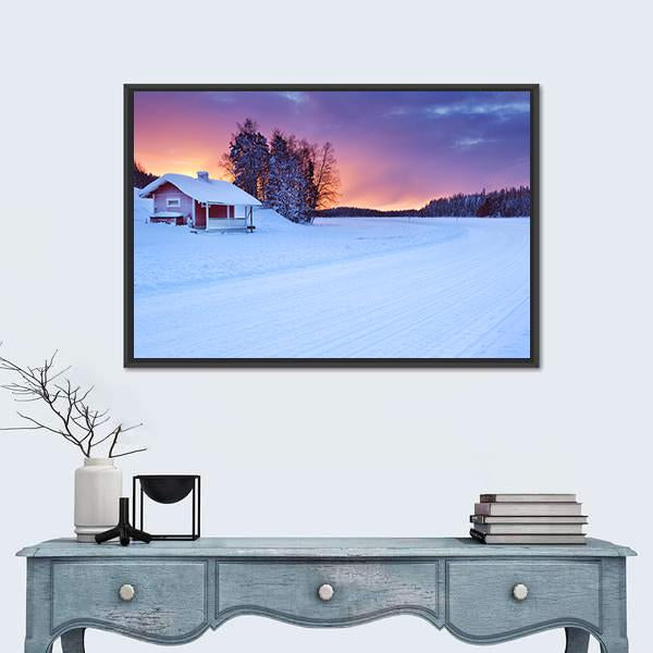 Small Cottage On The Edge Of A Frozen Lake Canvas Wall Art-1 Piece-Floating Frame-24" x 16"-Tiaracle