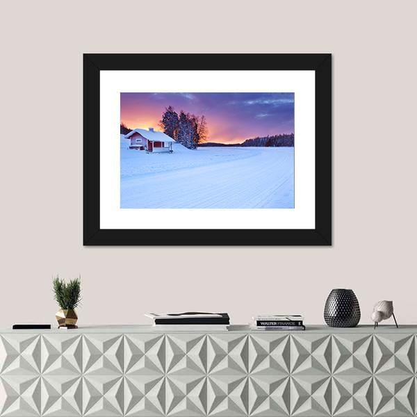 Small Cottage On The Edge Of A Frozen Lake Canvas Wall Art-1 Piece-Framed Print-20" x 16"-Tiaracle