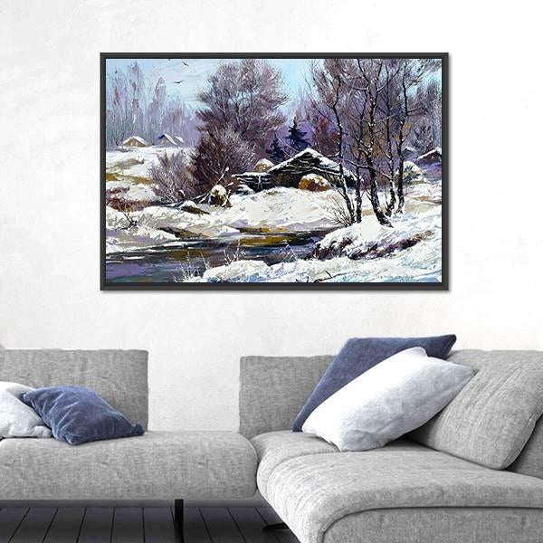 Small House In Winter Village Canvas Wall Art-5 Horizontal-Gallery Wrap-22" x 12"-Tiaracle