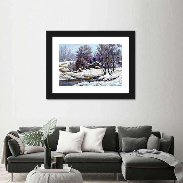 Small House In Winter Village Canvas Wall Art-5 Horizontal-Gallery Wrap-22" x 12"-Tiaracle