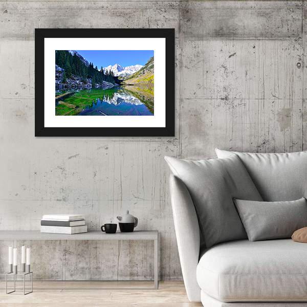 Snow Covered Mountains Reflecting In The Lake Canvas Wall Art-3 Horizontal-Gallery Wrap-25" x 16"-Tiaracle