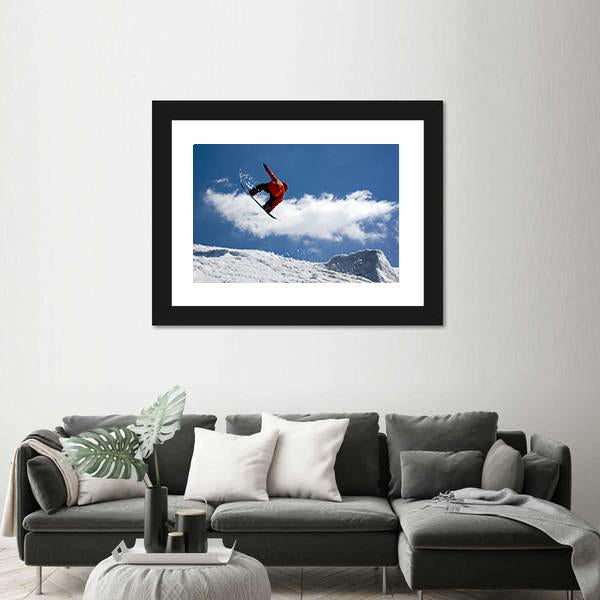 Snowboarder Jump From Snow Ramp Canvas Wall Art-1 Piece-Framed Print-20" x 16"-Tiaracle