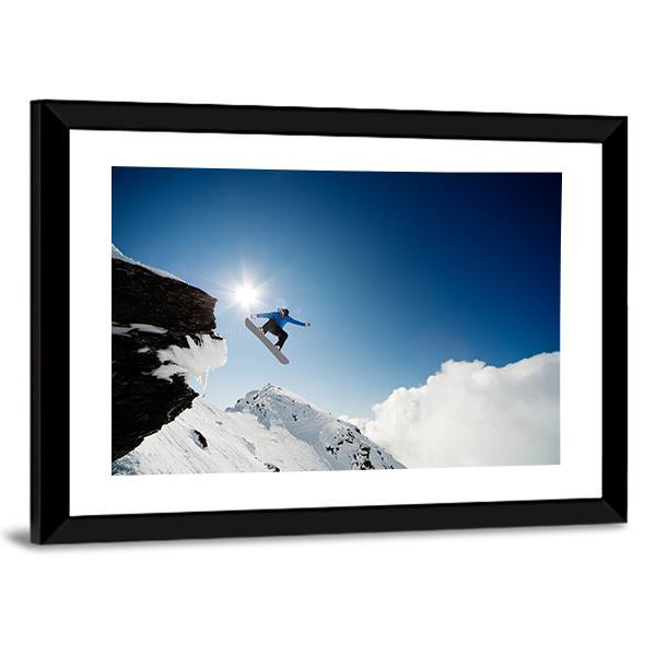 Snowboarder Jumping Through Air After Rock Drop Canvas Wall Art-5 Horizontal-Gallery Wrap-22" x 12"-Tiaracle