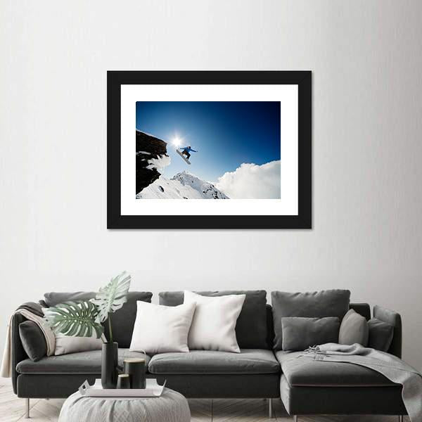Snowboarder Jumping Through Air After Rock Drop Canvas Wall Art-5 Horizontal-Gallery Wrap-22" x 12"-Tiaracle