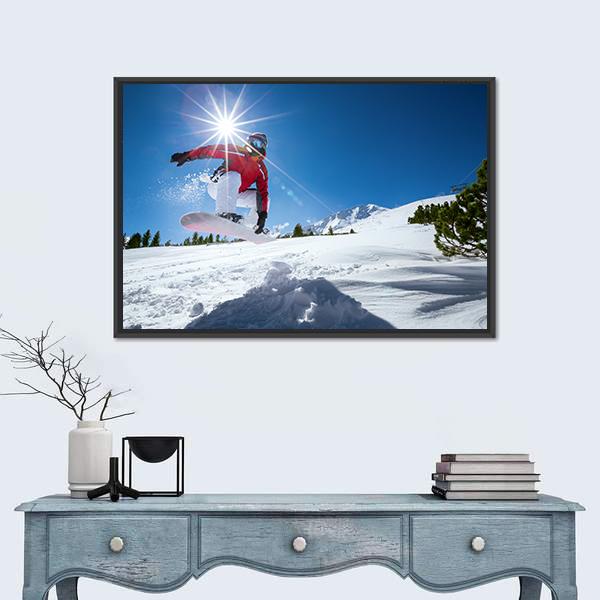 Snowboarder Taking A Jump In Fresh Snow Canvas Wall Art-5 Horizontal-Gallery Wrap-22" x 12"-Tiaracle