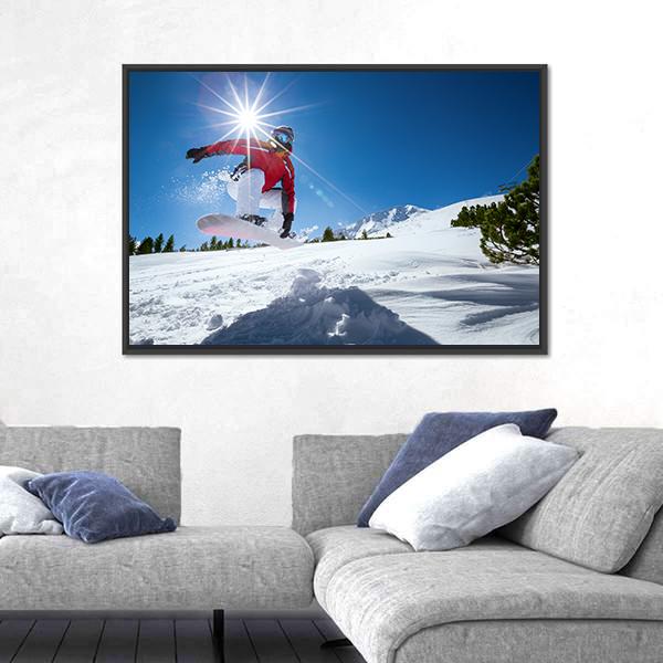 Snowboarder Taking A Jump In Fresh Snow Canvas Wall Art-5 Horizontal-Gallery Wrap-22" x 12"-Tiaracle