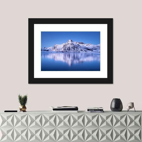 Snowy Mountain Reflection In Lake Canvas Wall Art-1 Piece-Framed Print-20" x 16"-Tiaracle