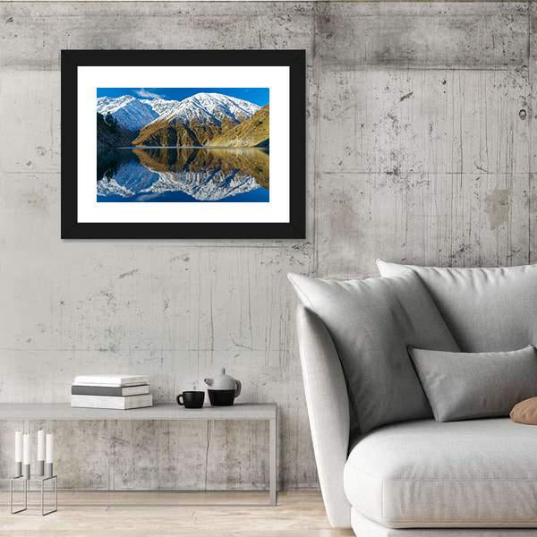 Snowy Peaks In A Mountain Lake Canvas Wall Art-3 Horizontal-Gallery Wrap-25" x 16"-Tiaracle