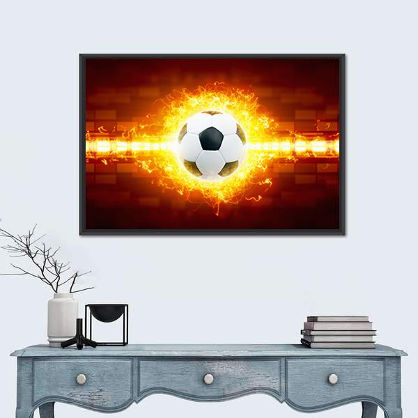 Soccer Ball In Fire Canvas Wall Art-1 Piece-Floating Frame-24" x 16"-Tiaracle