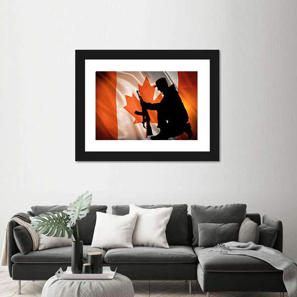 Soldier With A Gun And Canada Flag Canvas Wall Art-3 Horizontal-Gallery Wrap-25" x 16"-Tiaracle