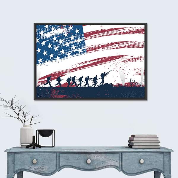 Soldiers Fighting At War With American Flag Canvas Wall Art-5 Horizontal-Gallery Wrap-22" x 12"-Tiaracle