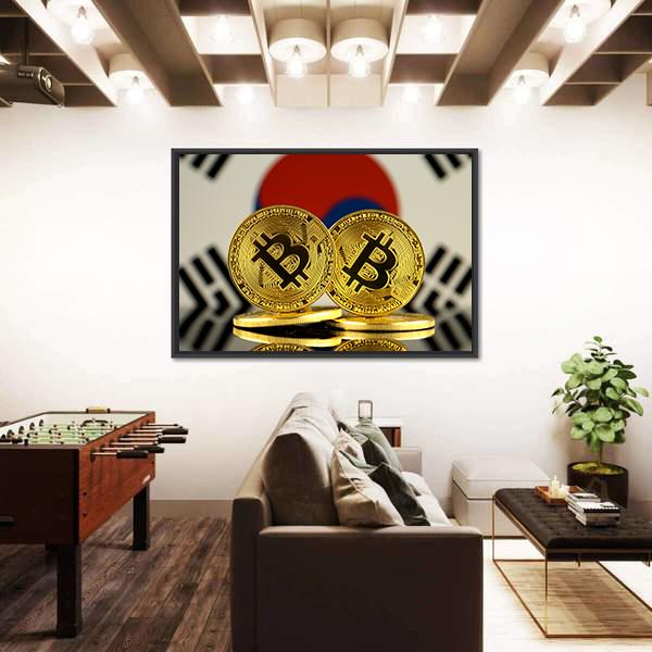 South Korea Flag With Bitcoin Canvas Wall Art-1 Piece-Floating Frame-24" x 16"-Tiaracle
